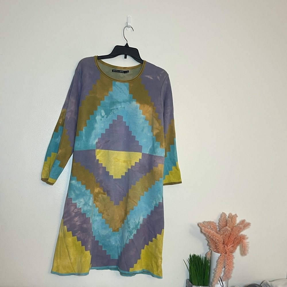 Gudrun Sjoden Cape Knit Jacquard Geometric Tunic Sweater Dress Large